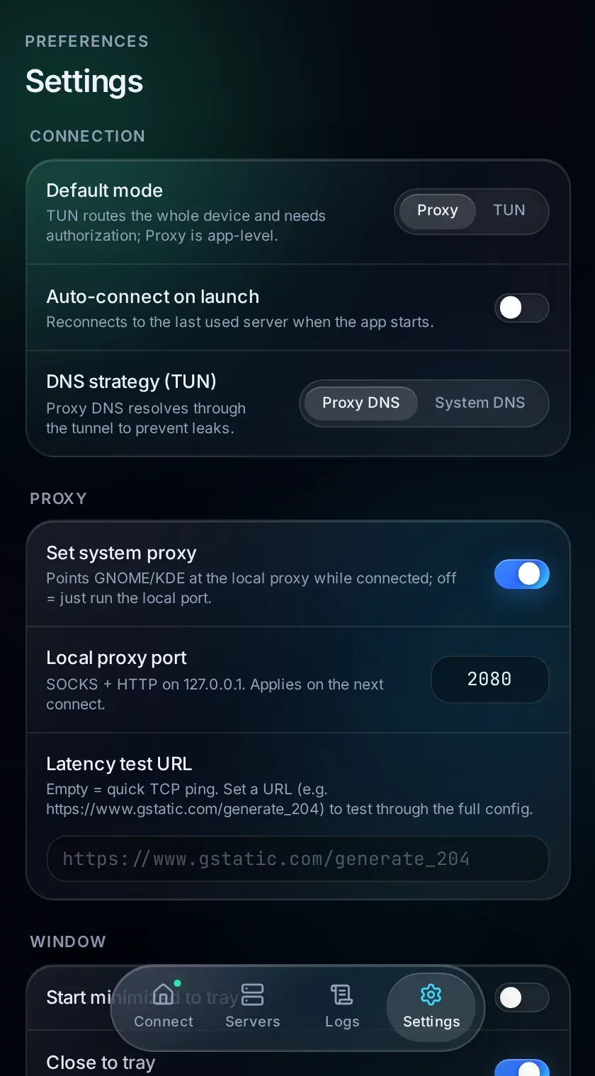 Swift Tunnel — Settings screen